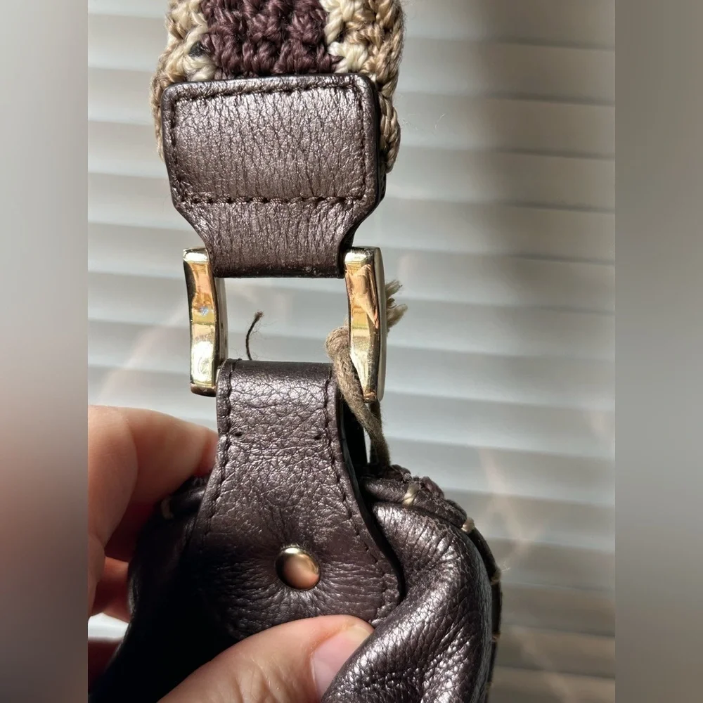 The Sak Metallic Bronze Brown Leather Small Crochet Shoulder Bag Y2K Boho